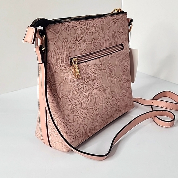 Women's Leather Floral Embossed Design Pink Cross-body Purse - Picture 4 of 6